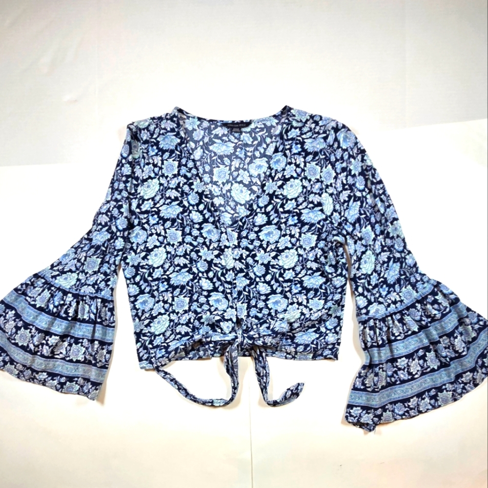 Floral Bell Sleeve Tie Crop Top - Blue 100% Viscose American Eagle